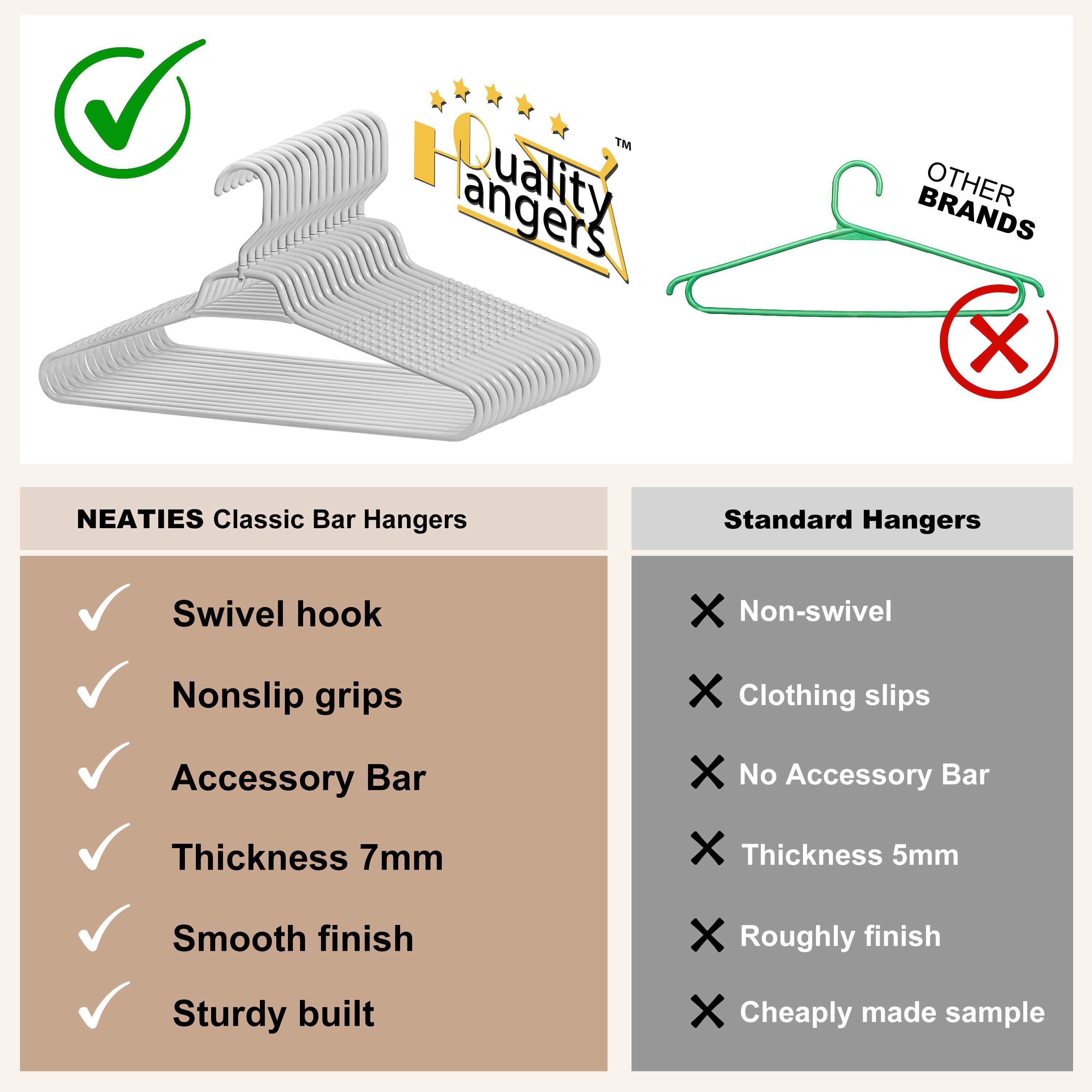 Quality Hangers Heavy Duty Gray Plastic Hangers 120-Pack with Swivel Hook | 7mm Thick Non Slip Coat Hangers with Accessory Bar | Ideal Clothes Hangers Plastic for Everyday Use | 17 Inches (120, Grey)