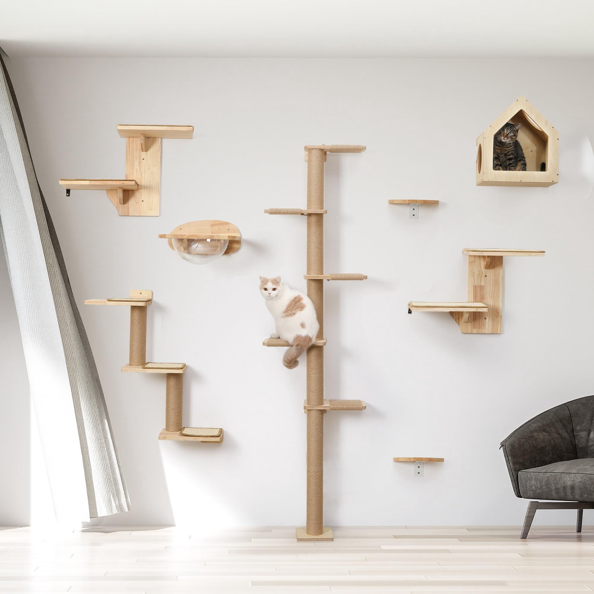 Cat Wall-mounted Floating Shelves With Sisal Mat, Tree Shape Solid Rubber Wood Cat Perch