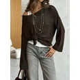 thumbnail image 3 of Womens Summer Scoop Neck Short Sleeve Sweater Casual Knit Tops Pullover Shirts Coffee Color L, 3 of 6
