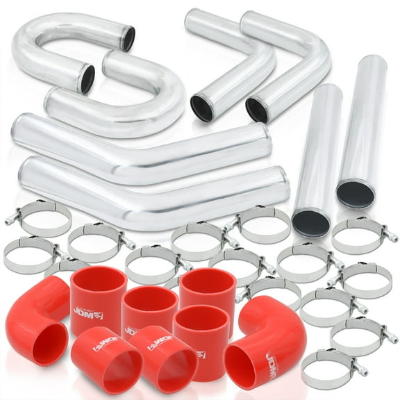 2.5" Inch Universal Piping Kit Chrome Aluminum (8pcs) T-Bolt Clamps (16pcs) Silicone Couplers Set Red (8pcs) Turbo Intercooler Upgrade