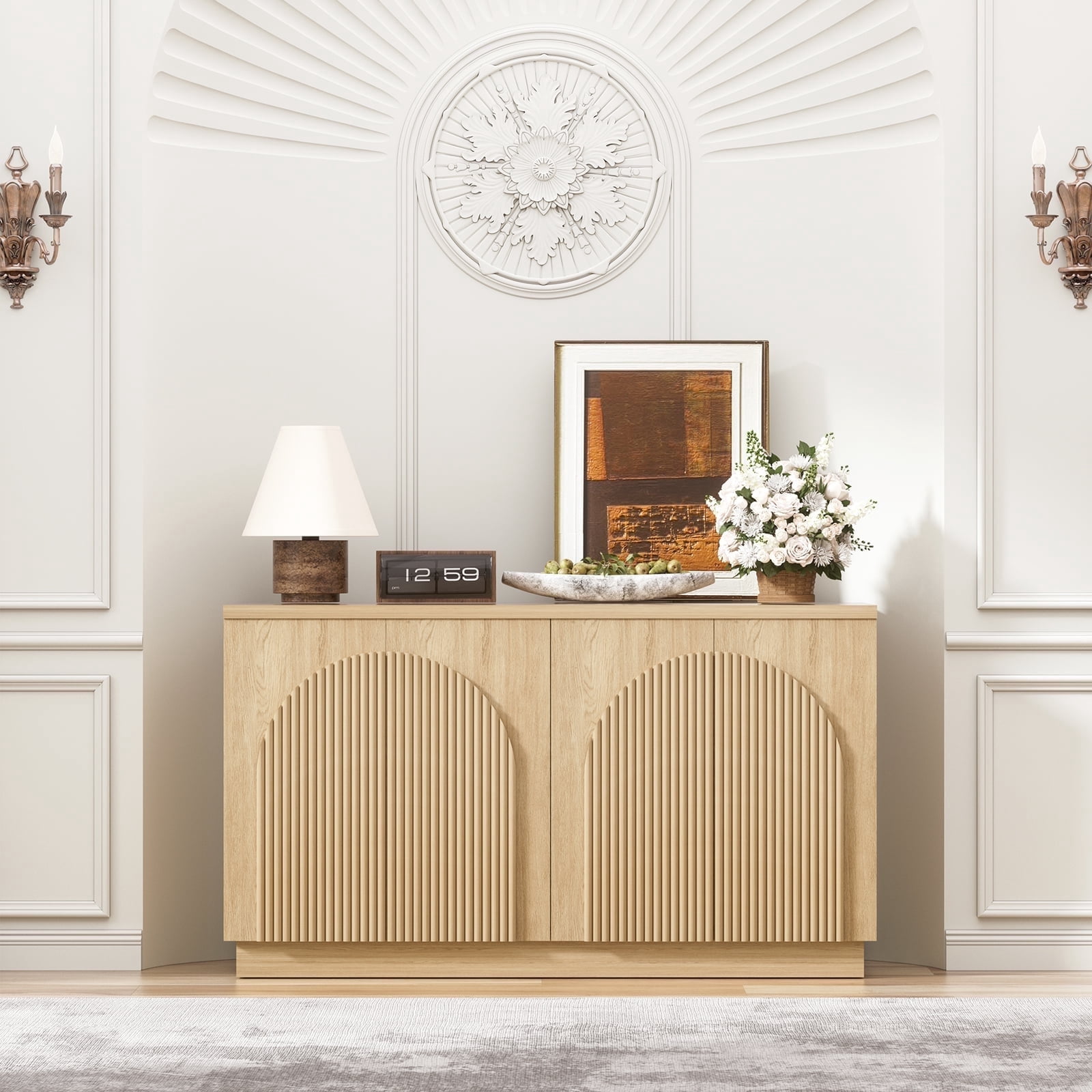 Brafabhome 55" Wide Fluted Sideboard with 4 Arched Reeded Doors, Modern Credenza Storage Buffet Cabinet with Adjustable & Removable Shelves for Living Room & Dinning Room | Natural