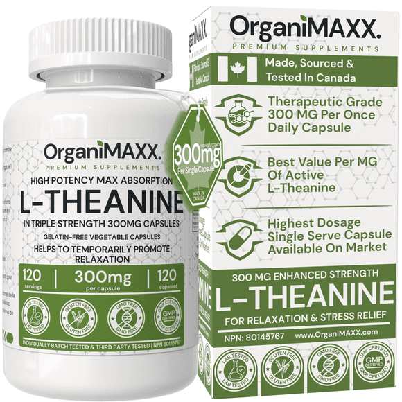300mg L Theanine Capsules OrganiMAXX 120 Count. Highest Potency L-Theanine Supplement. Relaxation & Focus.