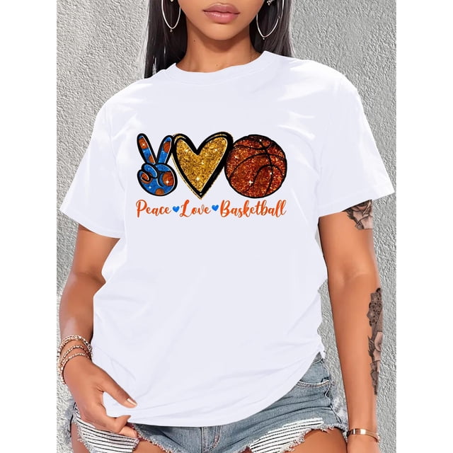 T-Shirt Décontracté pour Femmes avec Imprimé Cœur et Basketball, Col Rond, Manches Courtes - Polyester Respirant, Lavable en Machine, Coloré, Col Rond, Style Décontracté, Printemps/été/automne