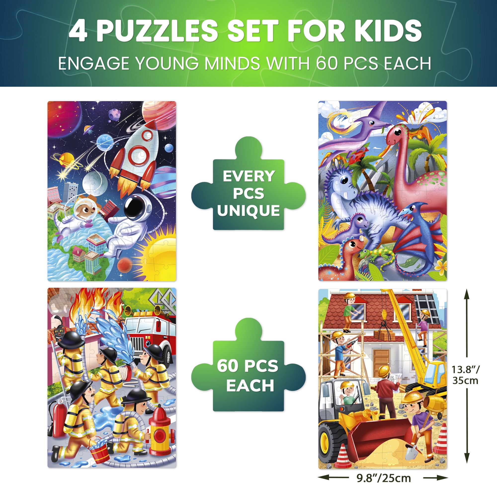 Quokka Puzzles for Kids Ages 3 6 – Set of 4, 60 Piece Puzzles with Space, Firefighters & Dinosaurs