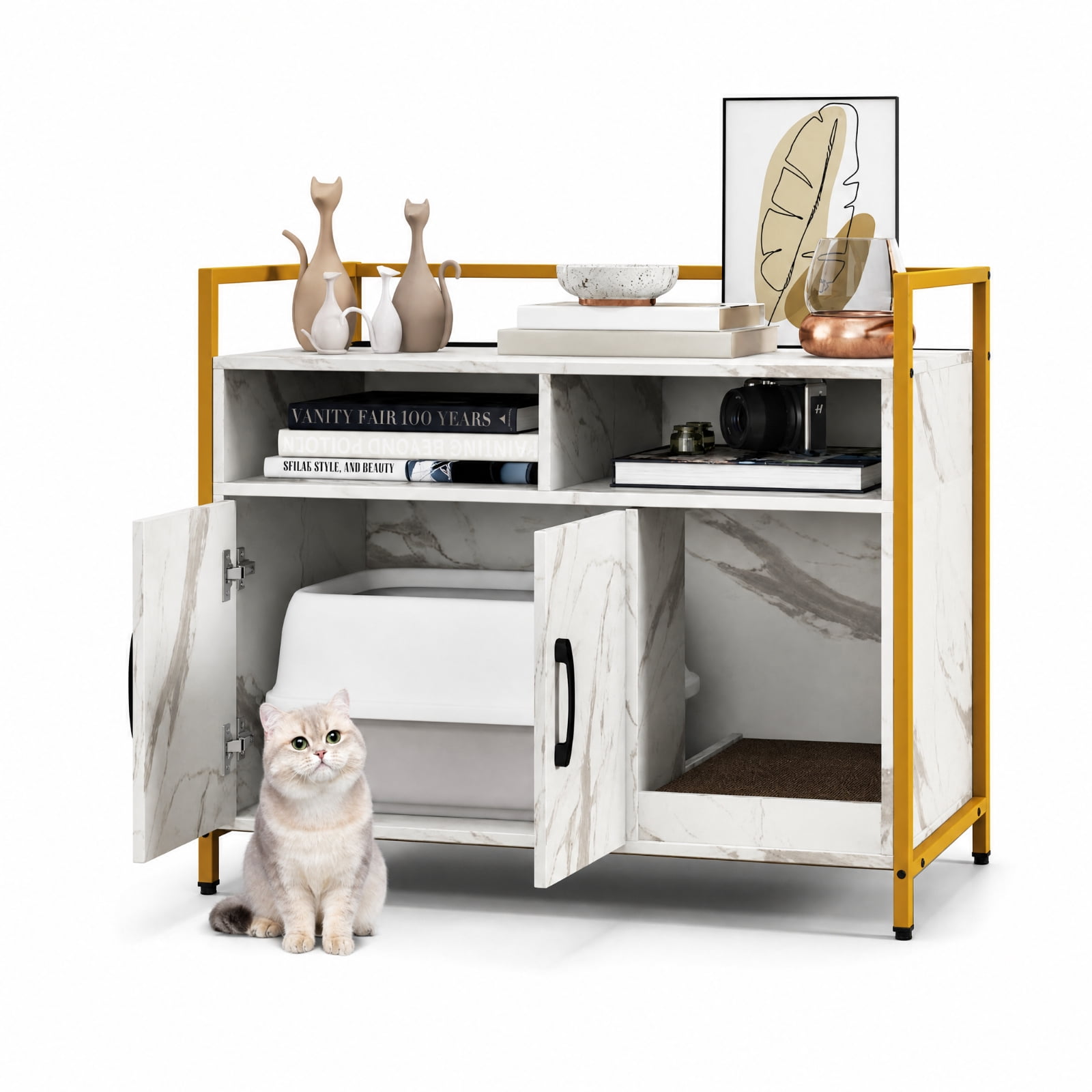 SUGIFT Hidden Cat Litter Box Furniture with Double Doors, Enclosed Cat Washroom Side Table Cabinet with Scratch Cardboard, White
