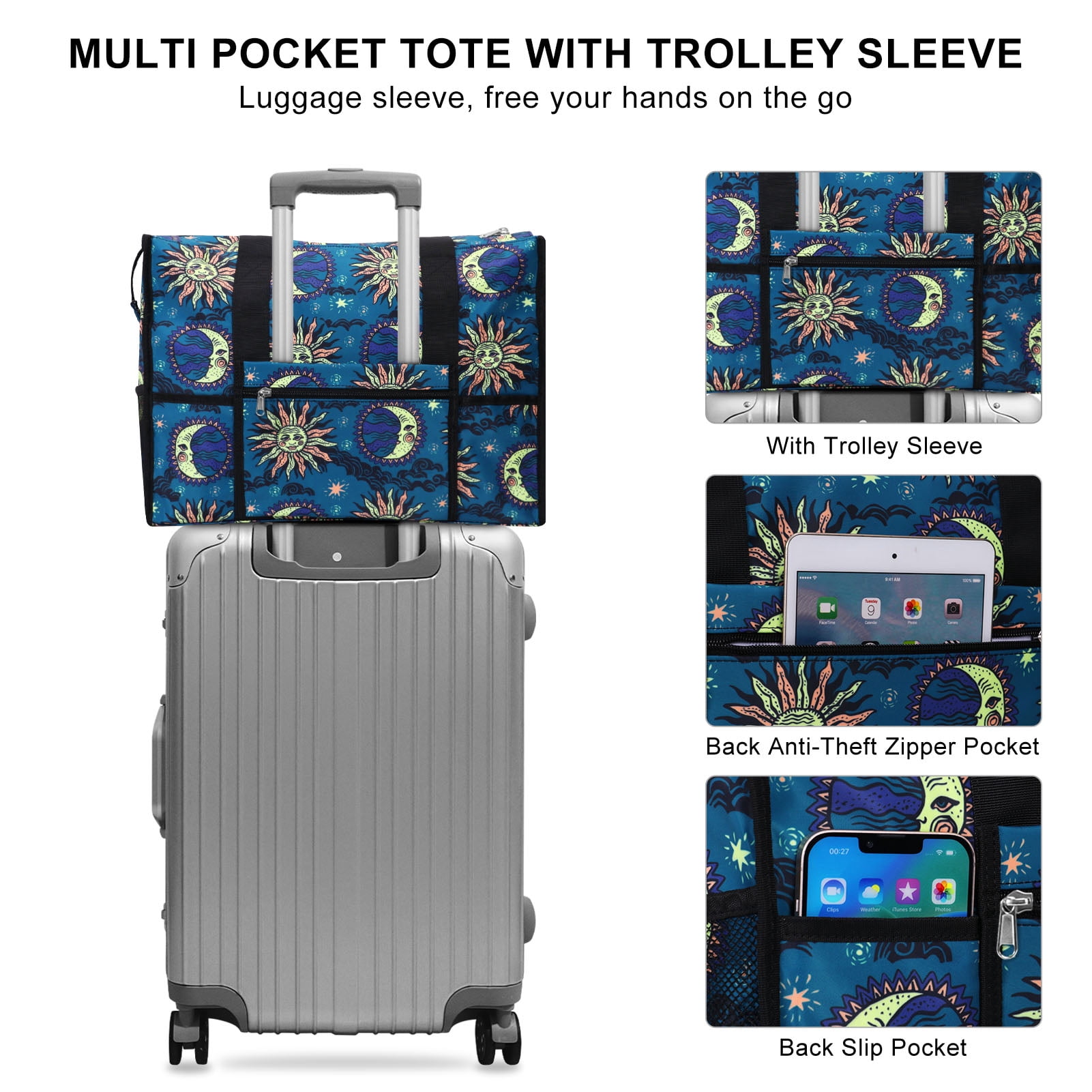 HAWEE Multi Pocket Tote Bag with Laptop Sleeve Large Multipurpose Organizer Bag for Teachers/ Nurses/ Doctor/ Traveller, Sun and Moon