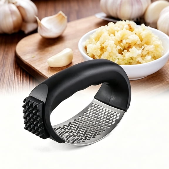 OFEFE Stainless Steel Garlic Press - Rocker Garlic Mincer with Peeler & Cleaning Brush, Heavy Duty Garlic Crusher for Kitchen, Dishwasher Safe & Ergonomic Handle (Black)