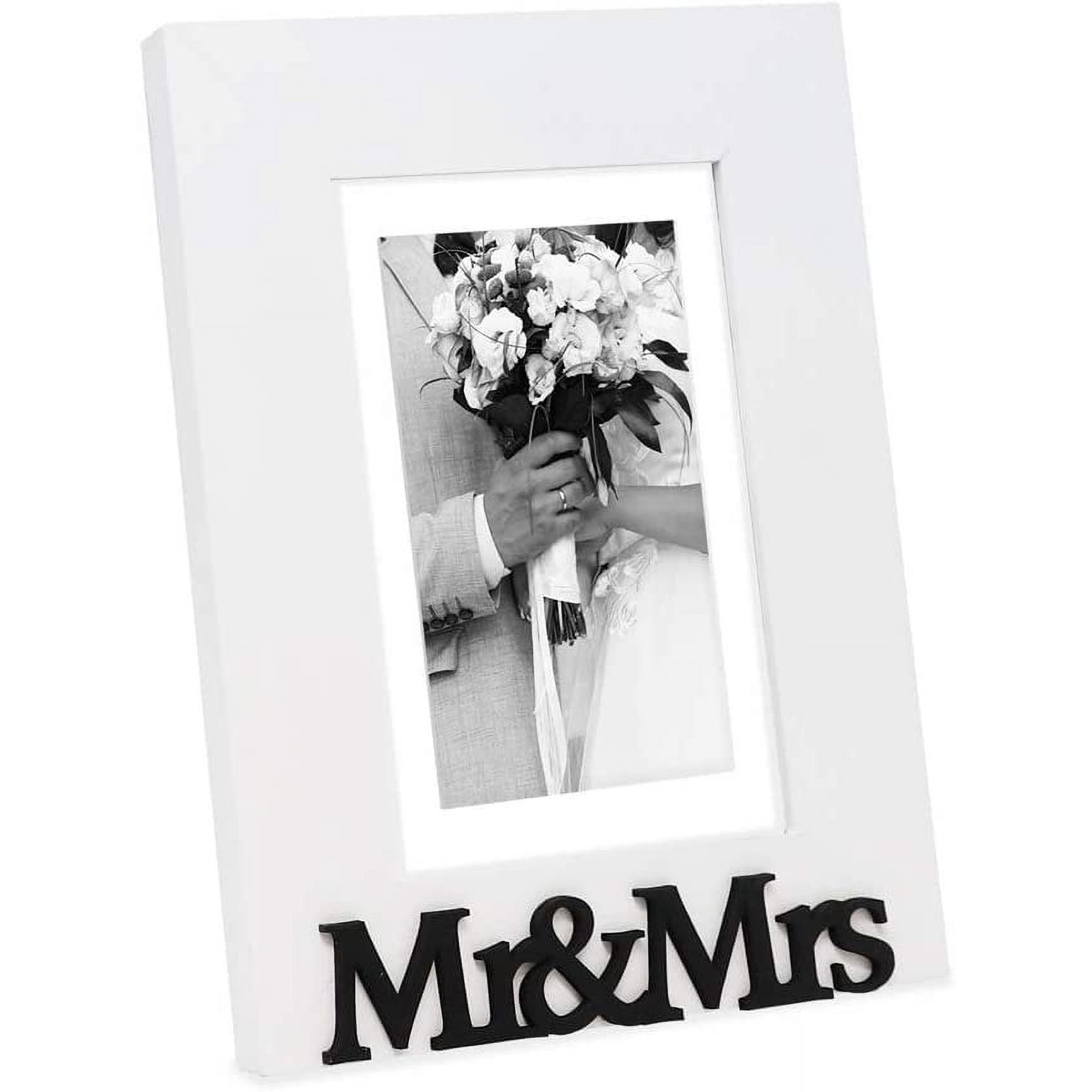 Isaac Jacobs White Wood Sentiments Mr & Mrs Picture Frame, 5x7 inch with Mat, Newlywed Photo Gift for Wedding, Display on Tabletop, Desk White, 5x7 Matted 4x6