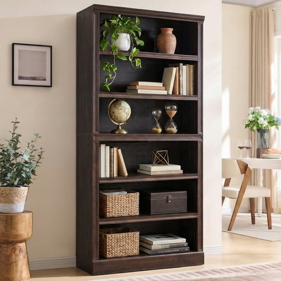 75.2" Tall 6-Tier Bookshelf with Adjustable Shelves, Wood Open Bookcase Storage Shelf For Home office Walnut