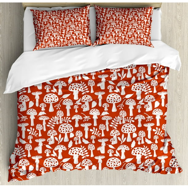 Mushroom Duvet Cover Set, Cute Amanita Pattern with Leaves Berries