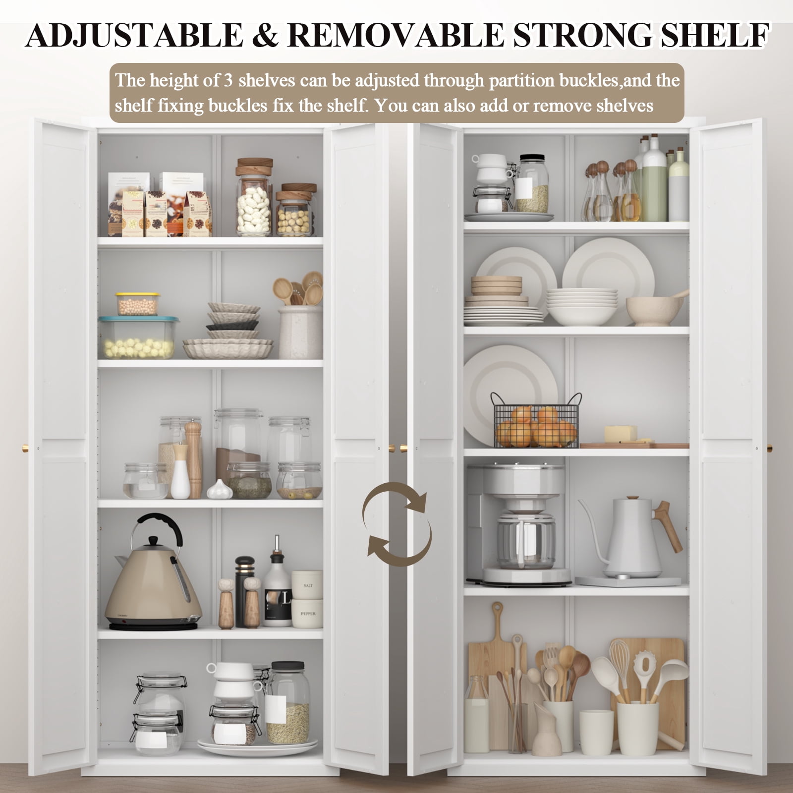 Adjustable 2 Doors Storage Cabinet, Kitchen Pantry Cabinet With Adjustable Shelves Tall Steel Cabinet Locker For Kitchen, Living Room, Dining Room and Office