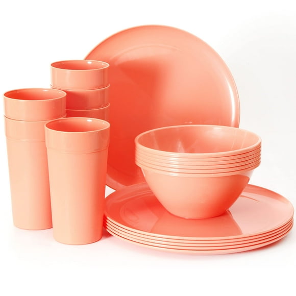 Youngever Ensemble de Vaisselle de Cuisine en Plastique de 18 Pcs, Assiettes, Plats, Bols, Tasses, Service pour 6 (Pêche)