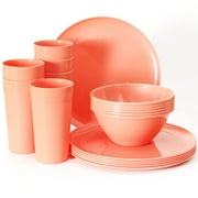 Youngever 18-Piece Plastic Kitchen Dinnerware Set, Plates, Dishes, Bowls, Cups, Service for 6 (Peach)