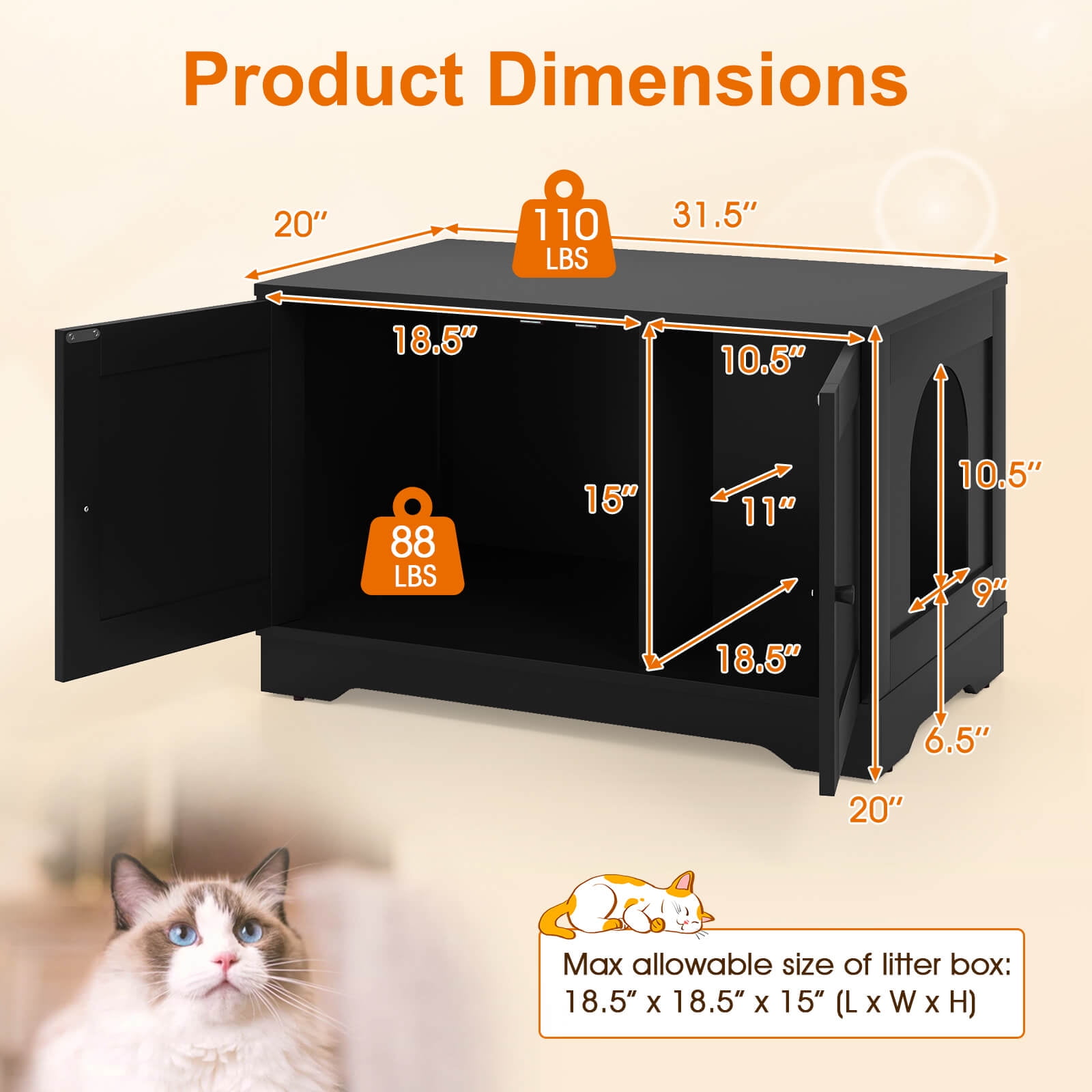 Costway Cat Litter Box Enclosure Furniture with Double Doors Divider Side Entry for Cats Black