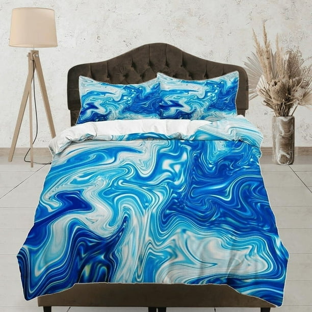 Olas del Océano Mármol Azul Ropa de Cama Conjunto de Dormitorio Contemporáneo Estética Funda Nórdica