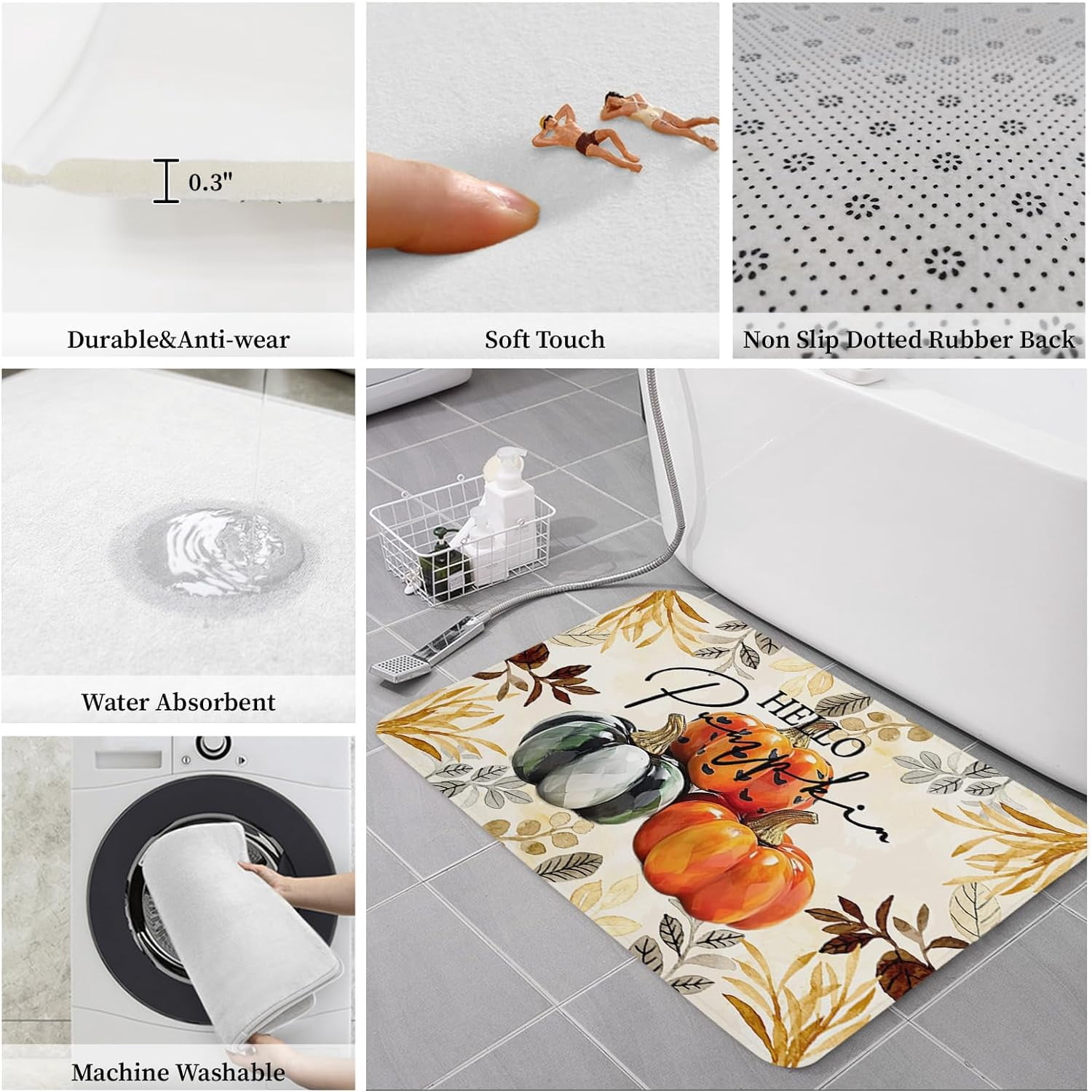 Hello Pumpkins Kitchen Floor Mats, Mid Century Boho Leaf Plant 2 PCS Anti Fatigue Area Runner Rugs Set Watercolor Botanical Non-Slip Bathroom Comfort Standing Mat Home Decor