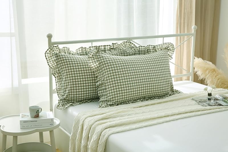 2 Pack Sage Green White Plaid Ruffles Pillow Shams Checkered Pillowcases Gingham Queen Size Pillow Cases Washed Cotton Farmhouse Cottage Pillow Covers for Bed/Sofa(20X30inches,Sage Green/White Plaid)