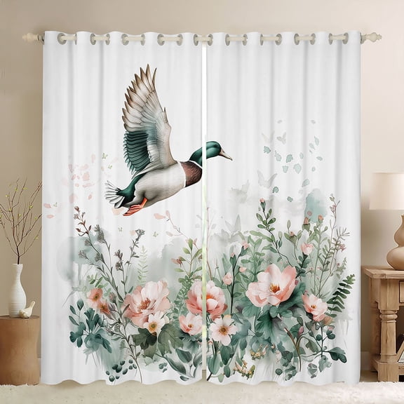 Feelyou Hunting Duck Curtains Pack of 2 (42x84 Each), Watercolor Flower Floral Curtains Blackout, Rustic Plant Botanical Bedroom Curtains, Living Room Curtains Decor
