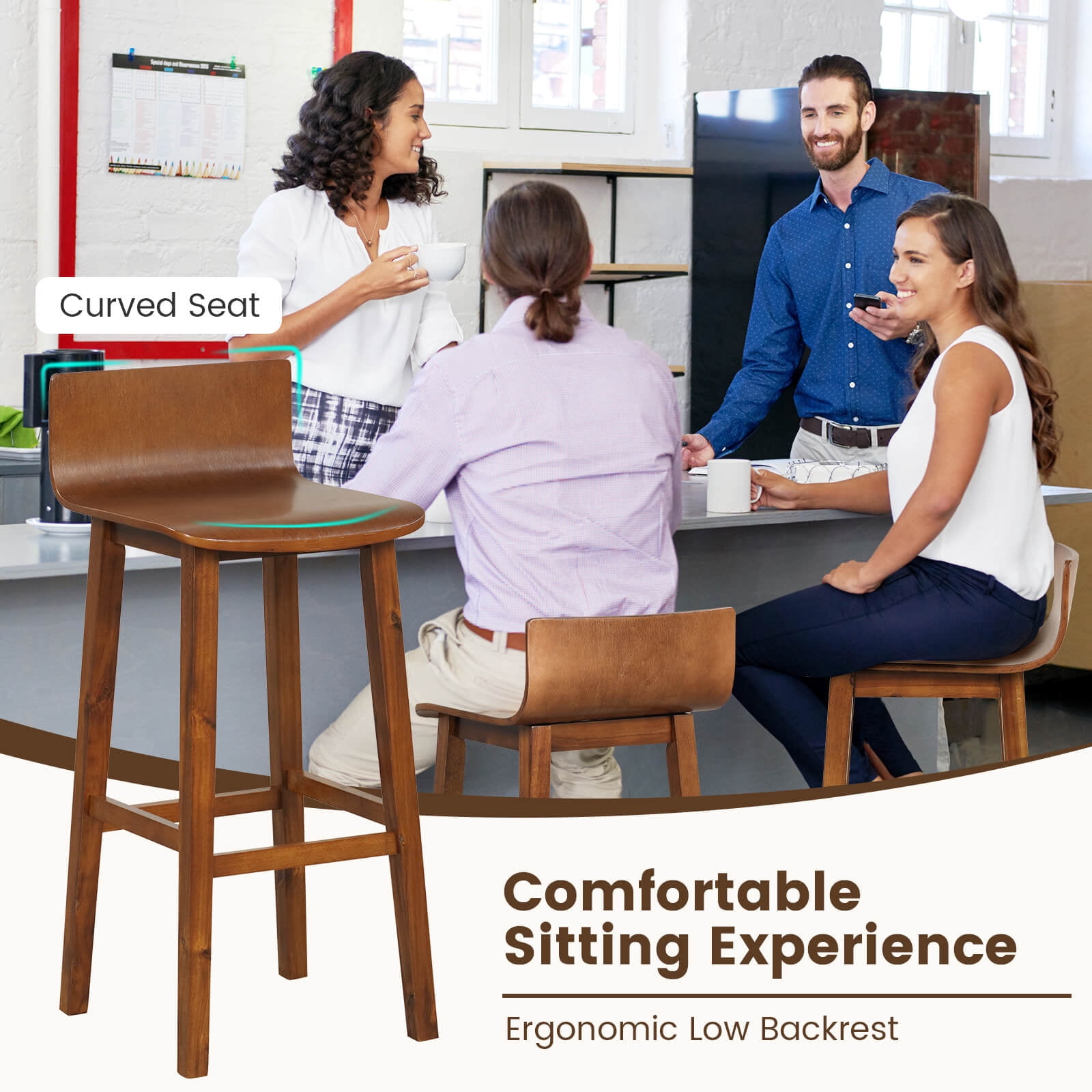 Costway 29" Wood Bar Stools Set of 4 with Solid Back & Seat Mid Century Bar Chairs