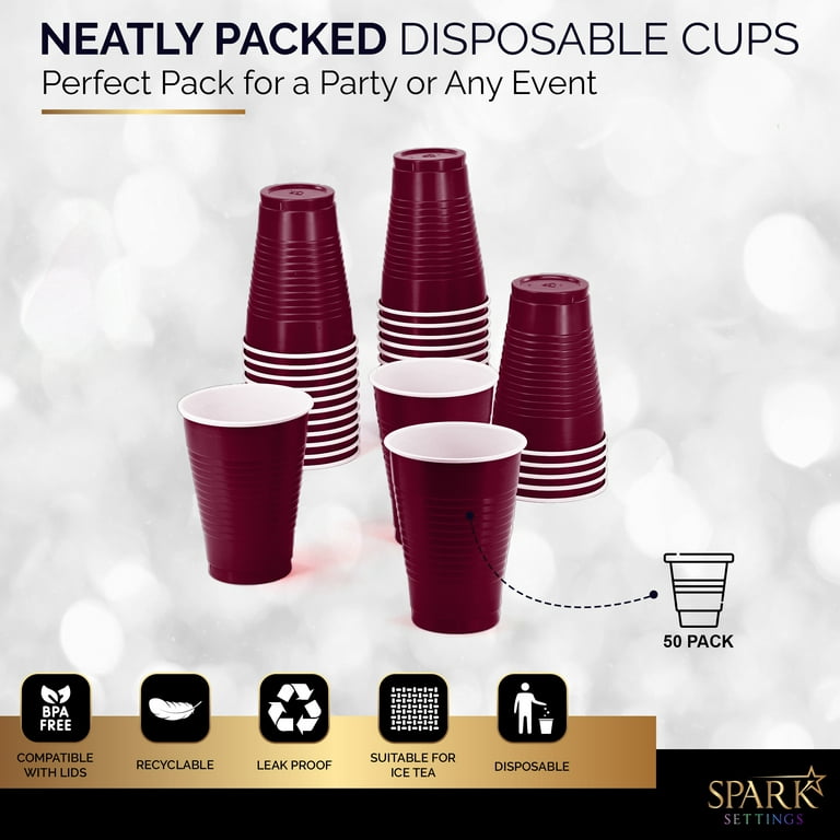 50 Count Burgundy 12 Oz Plastic Cups Disposable Party Cups