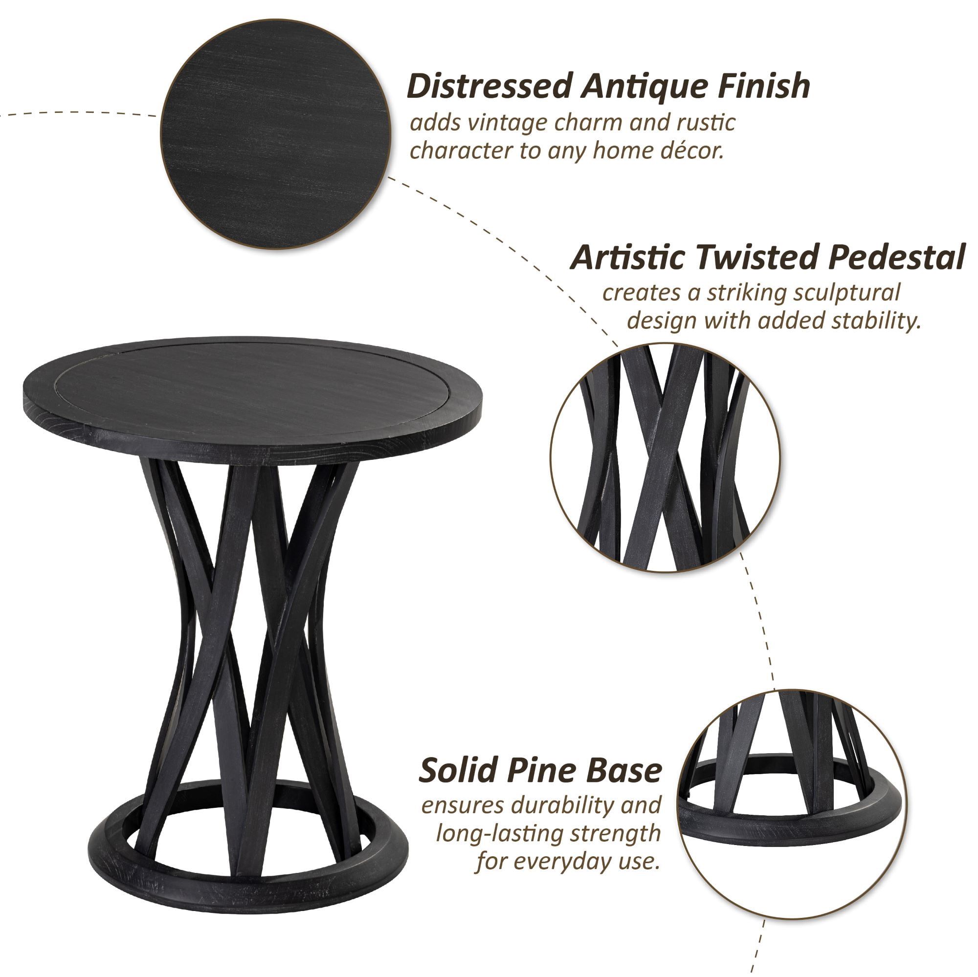 COZAYH Round Farmhouse End Table with Crisscross Pedestal Base, Distressed Finish Side Table Rustic Accent Table for Living Room, Pine Wood, Black