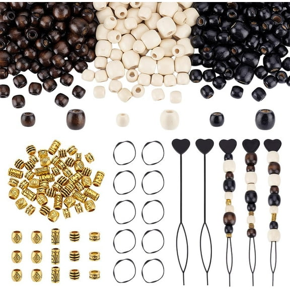 500 Pieces Hair Beads Set 450Pcs Large Hole Barrel Wood Beads 50Pcs European Loose Beads Black Elastic Hair Bands with 5 Quick Beader for Braids Dreadlock Hair Braid Beads Set for Decor Mixed Color