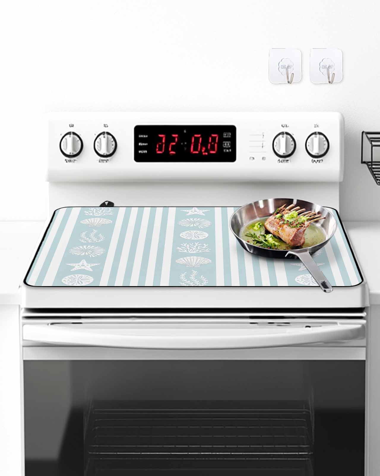 Stove Top Covers for Electric Stove, Sky Blue Striped Coastal Glass Stovetop Cover Protector, Nautical Beach Starfish Shell Induction Cooktop Protector Oven Mat for Kitchen Countertop 24"x21"
