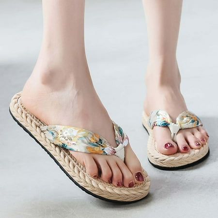 

FITORON Womens Slippers- Summer Fashion Flip Flops Bohemian Satin Cloth Slippers Beige 39