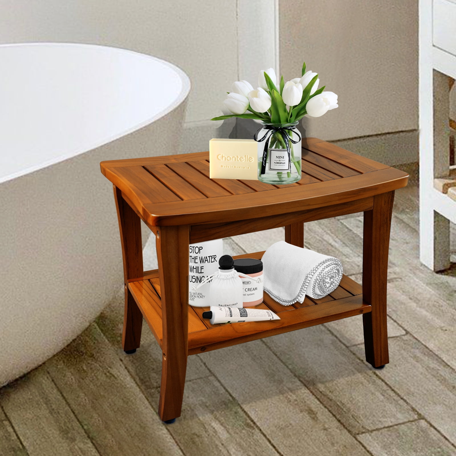 Free Shipping Jolicasa Teak Shower Bench with Shelf Waterproof Teak Wood Shower Stool Spa Bathroom Seat for Elderly Indoor and Outdoor Use Assemble Required Walmart