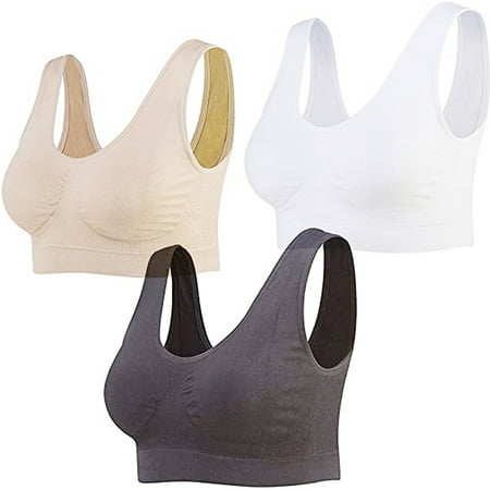 Girls Sports Bra Women 3-Pack Seamless Sports Bra Wire-Free Yoga Bra with Removable Pads V-Neck T-Shirt Bra Feature Hook and Eye Closure Demi & Balconette Bra Style Y-176   Multi-color L