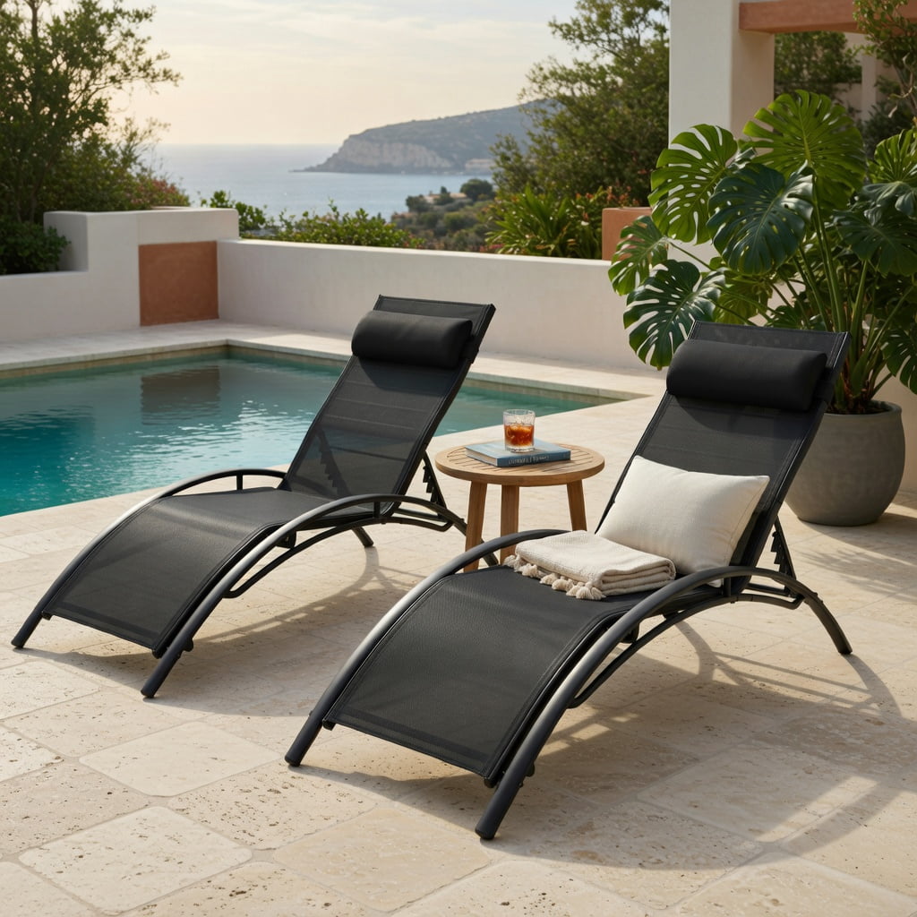 Hommoo 2-Piece Outdoor Chaise Lounge Set with 5-Position Adjustable Reclining Backrest, Heavy-Duty Metal Frame, Breathable Fabric, Black