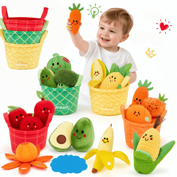 Bobyy.Duck Baby Sensory Toys, 16PCS My First Fruit & Vegetable Color Sorting Plush Toy Set, Montessori Learning Play Food Toys for Toddlers 1-3, Educational Gift for Boys Girls