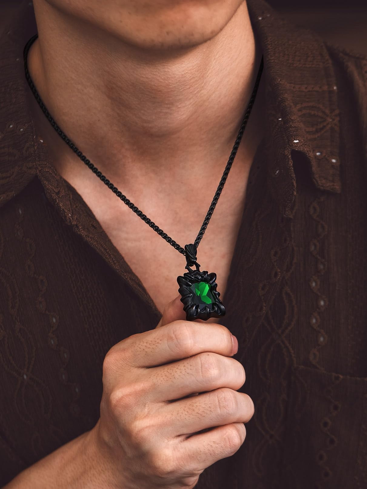 Bandmax Gothic Black Stainless Steel Necklaces for Men Women Dragon Claw Pendant Emerald Stone Vintage Goth Punk Necklace for Gift