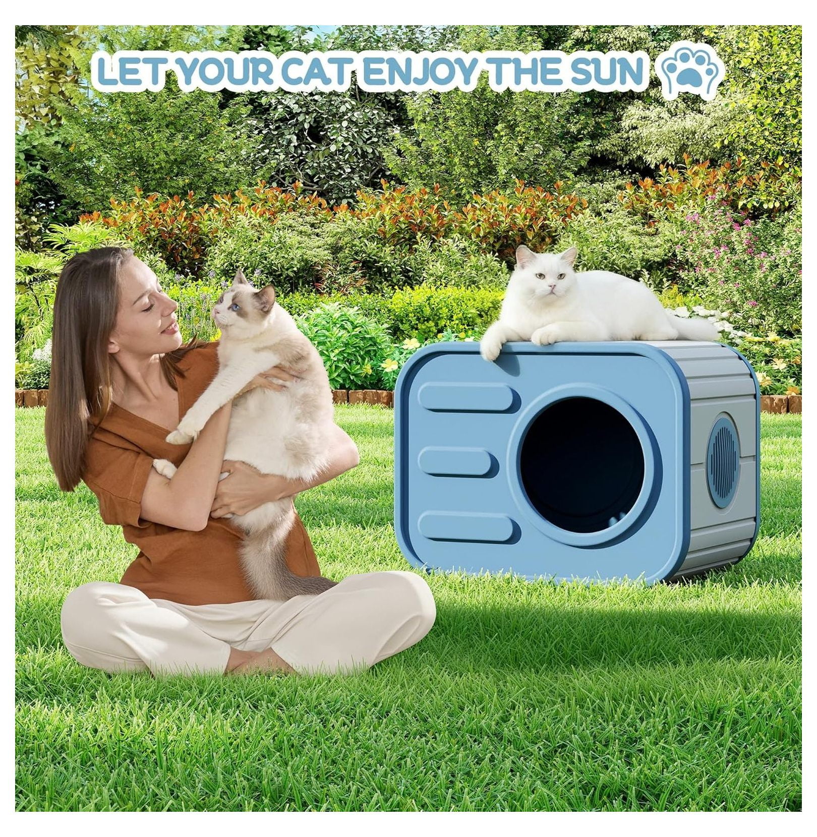 Weatherproof Cat House Outdoor Indoor, Plastic Cat Shelter Camera Design - Blue