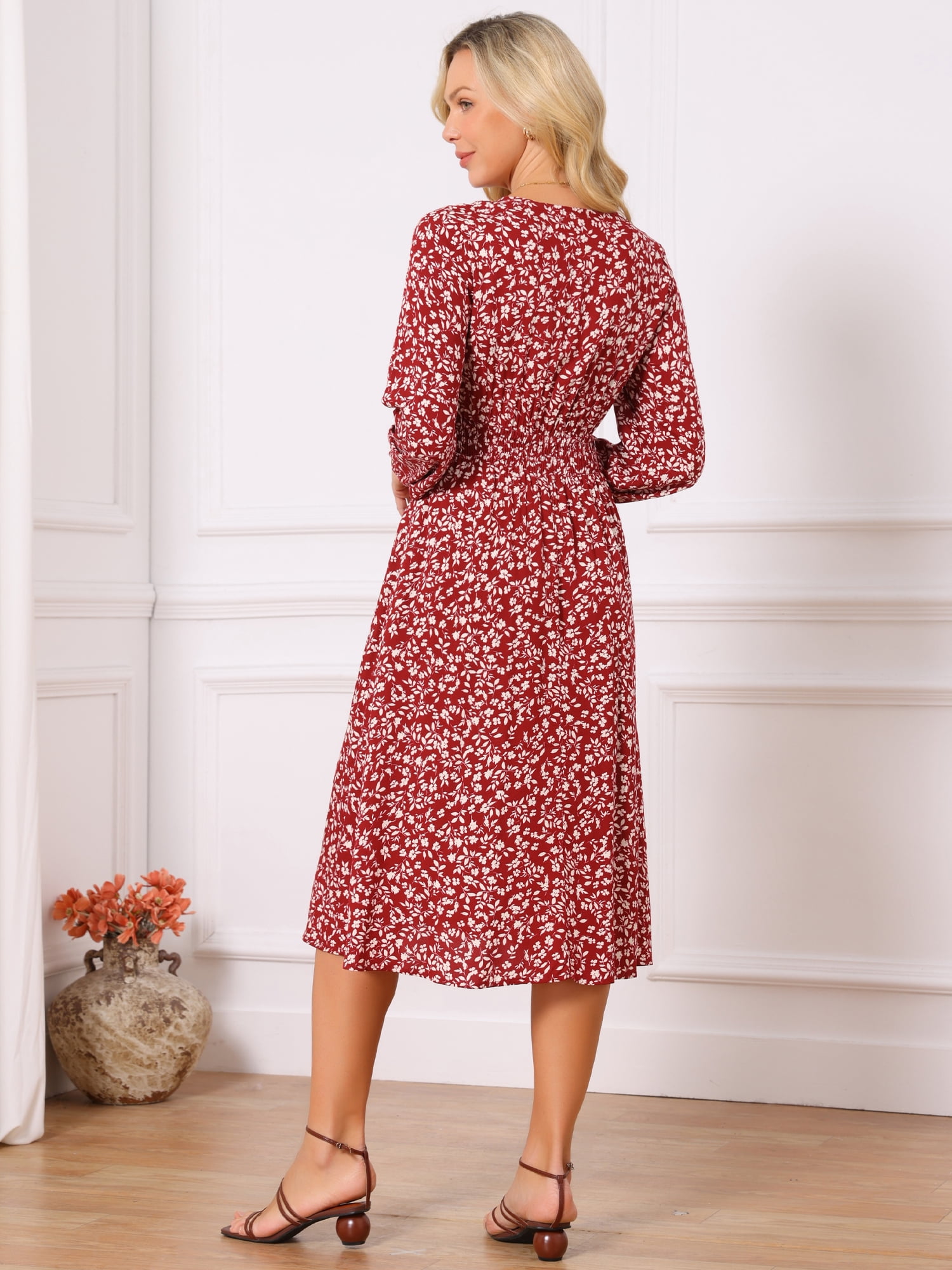 DARING DIVA Fall Long Sleeve Midi Floral Boho Dress L Red