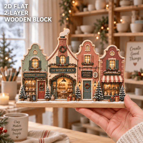 Christmas Pottery Village Layered Wooden Block for Ceramic Artist Shelf Decor