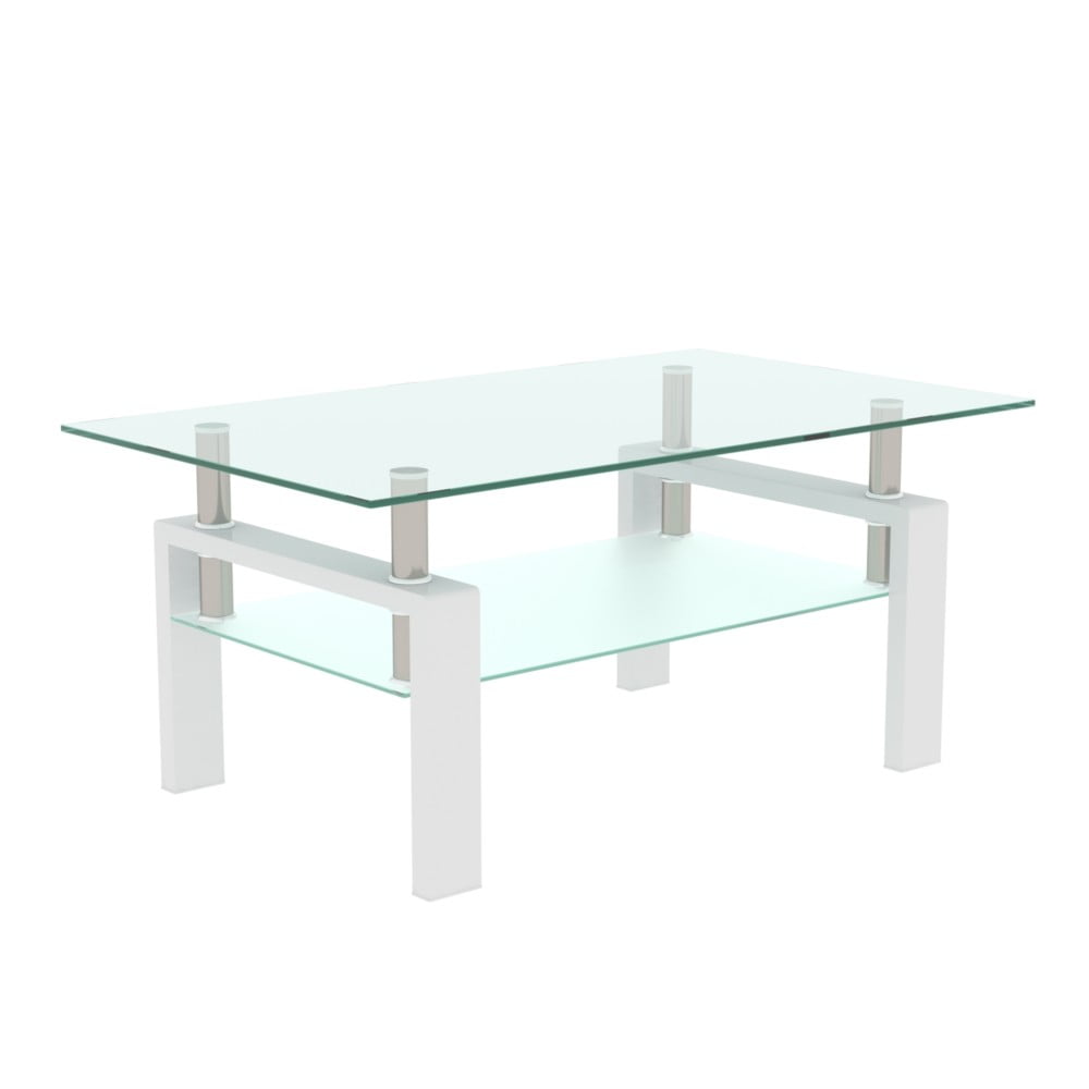38.6" Rectangle Glass Coffee Table, Clear 2-Tier Center Table with White Iron Frame, Modern Side Table for Living Room, Office, Apartment, 220 lbs Capacity