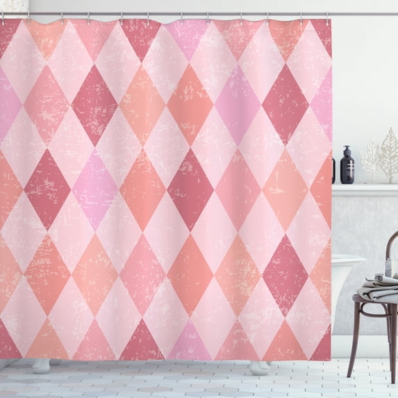 Pink Shower Curtain, Shades of Pink for Vintage Weathered Background with Harlequin Pattern Diamond Shape, Fabric Bathroom Set with Hooks, 69W X 70L Inches, Multicolor, by Ambesonne