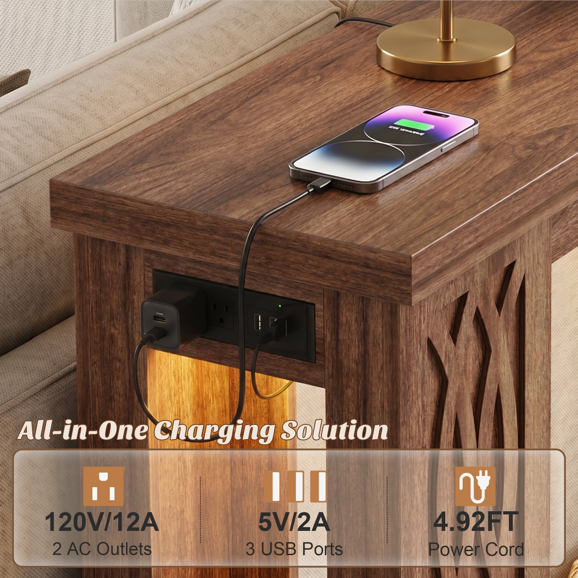 Homieasy 63'' Farmhouse Console Table with Charging Station and LED Lights for Hallway, Entryway, Living Room, Cracked Oak