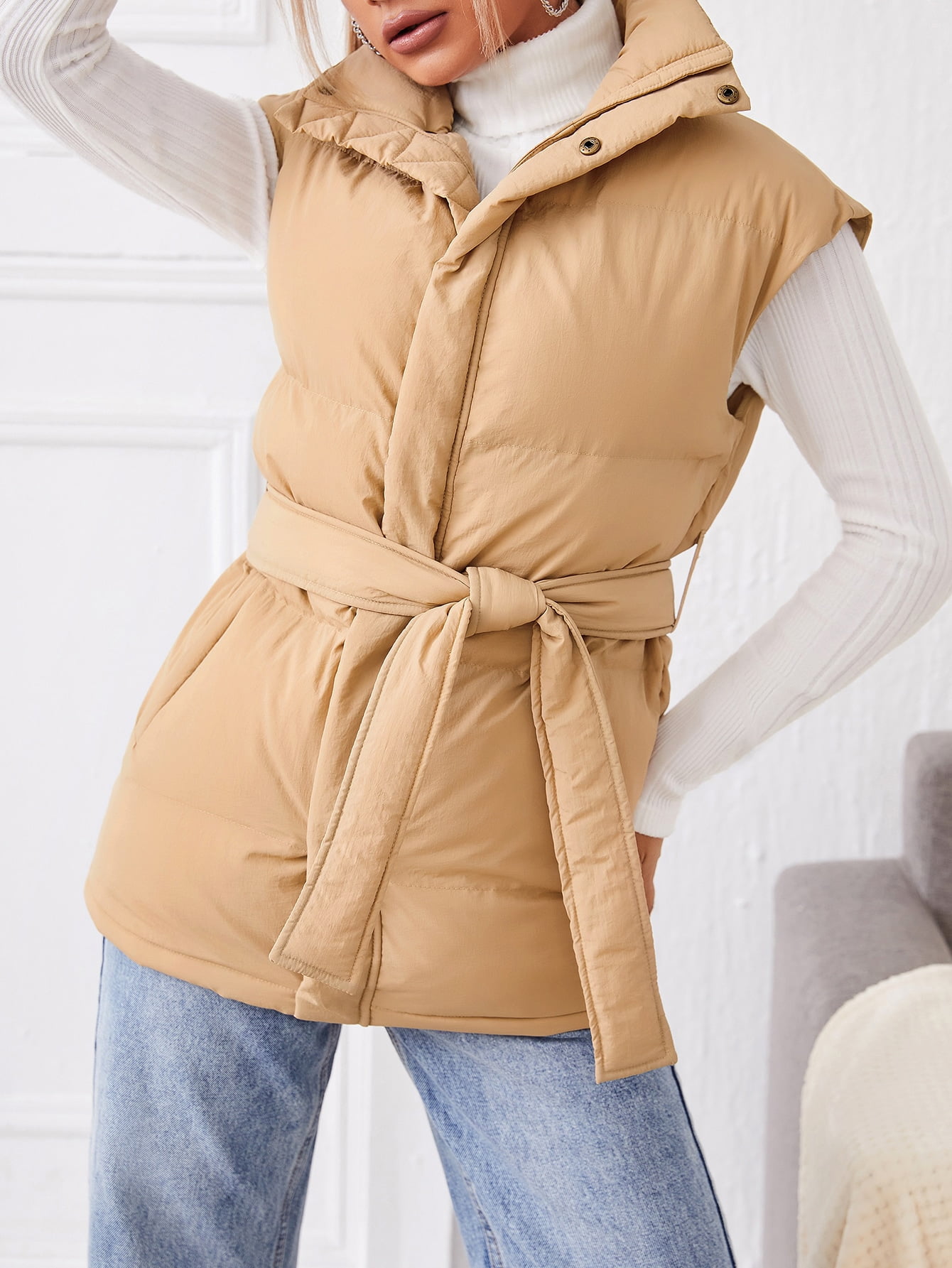 khaki belted padded coat
