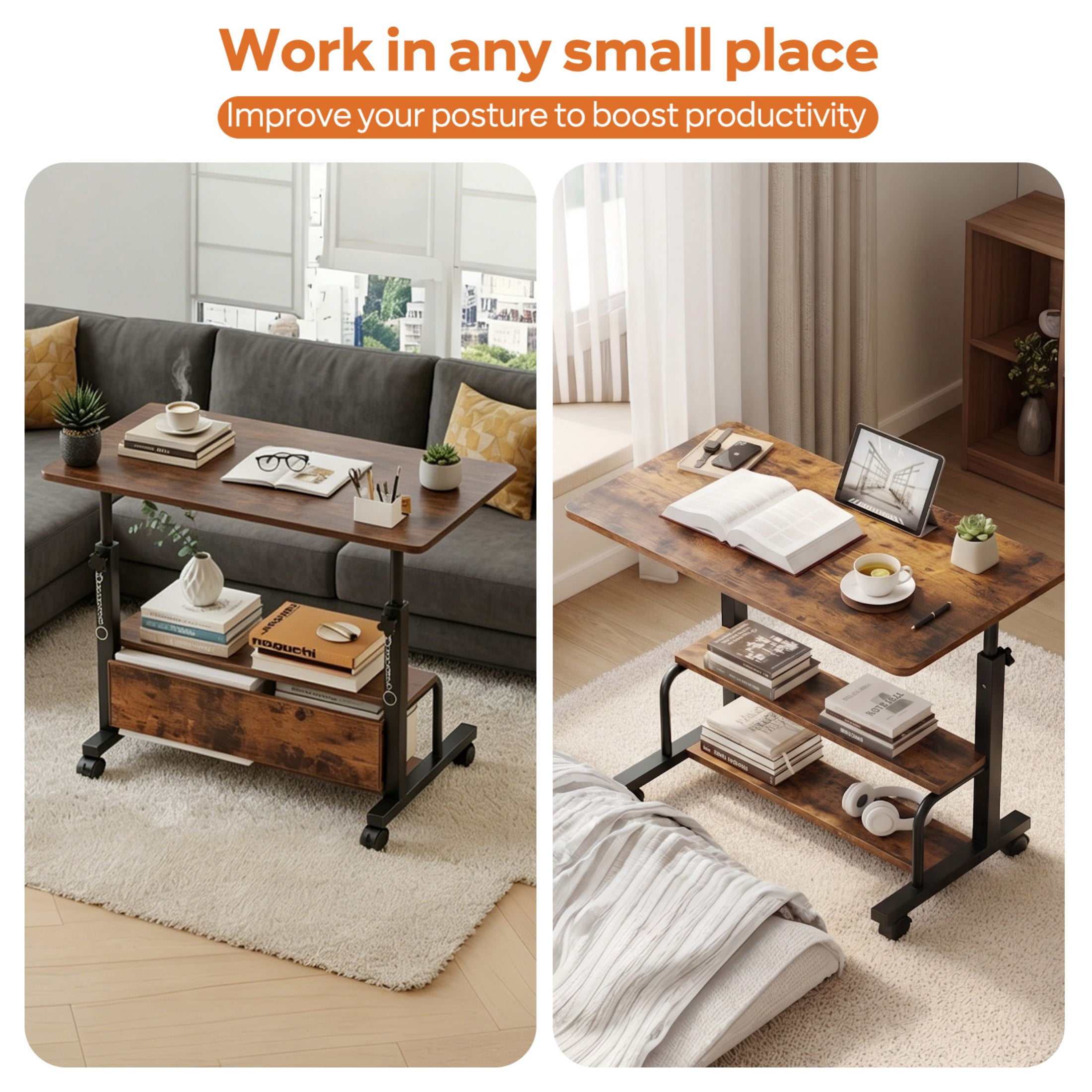 CONCETTA 31.5'' Adjustable Height Rolling Computer Desk with Storage Shelves, Portable Mobile Desk for Small Spaces Home Office, Rust