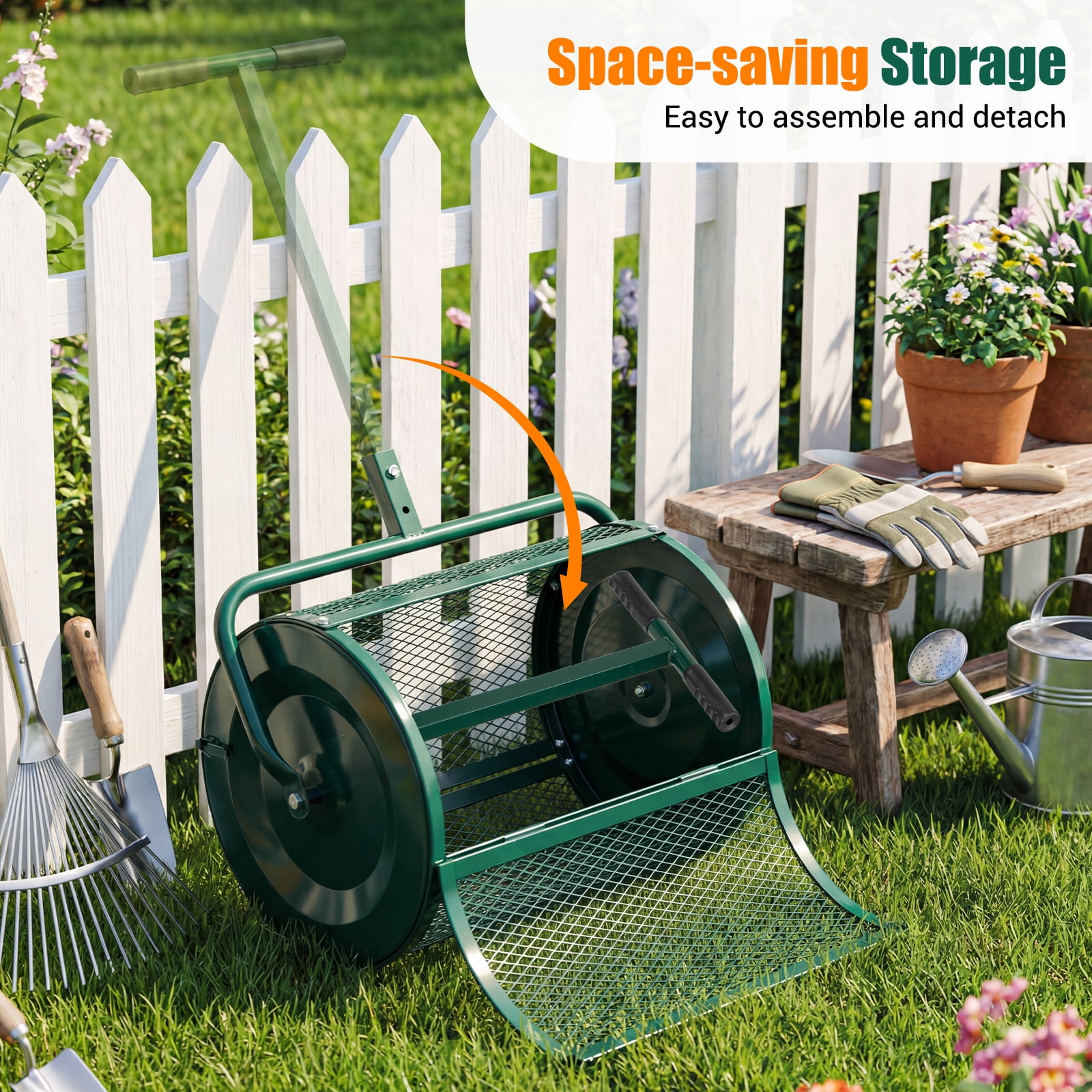 Gymax Compost SpreaderPeat Moss Spreader Roller w/Height-adjustable T-shape Handle Green