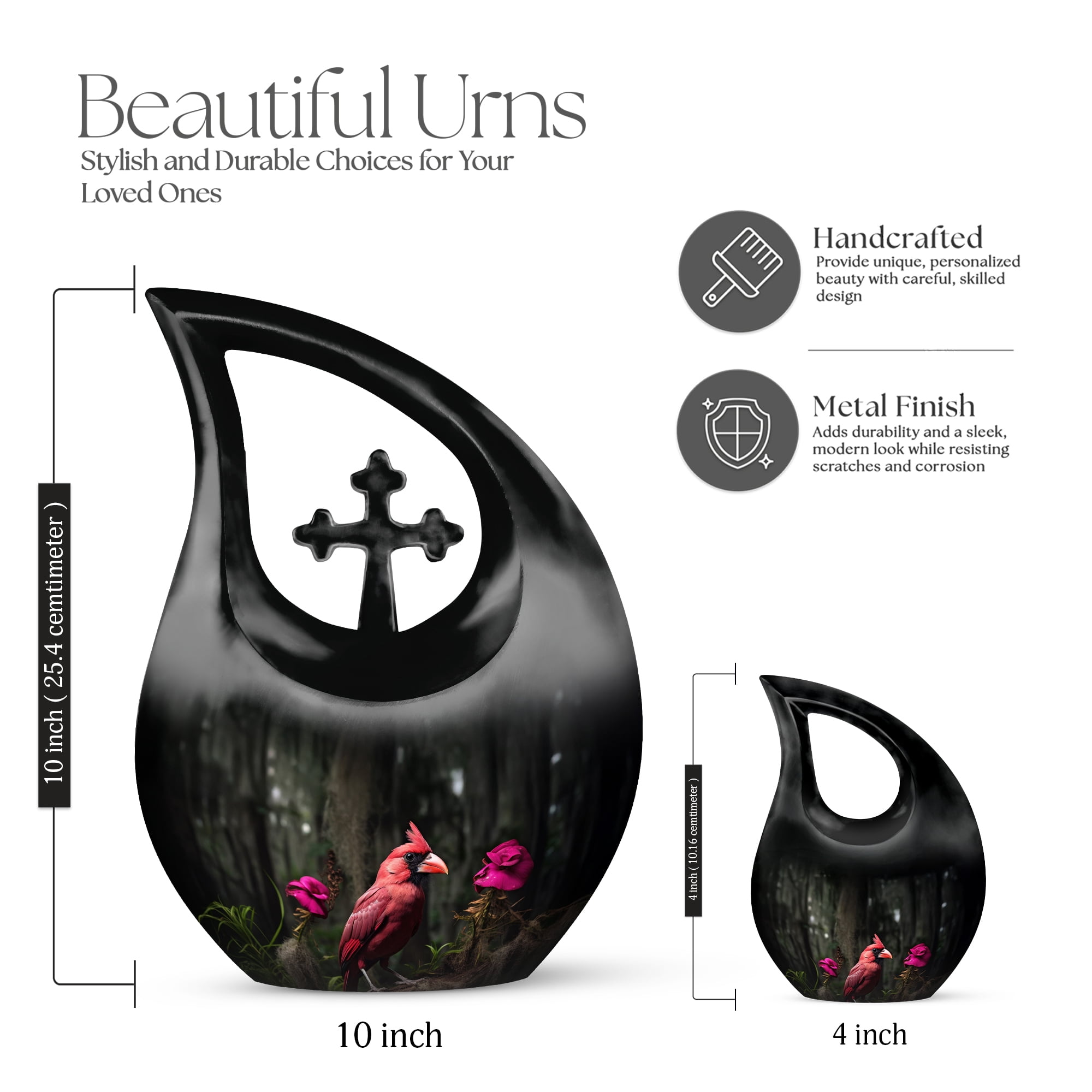 MUKTIVE Adult Urn Red Cardinal Bird Cremation Urn Male & Female - Black Cross Drop Large Funeral Burial Urns for Human Ashes - Handcrafted Memorial Gifts for Loss - Cremains Holder (10 Inch)
