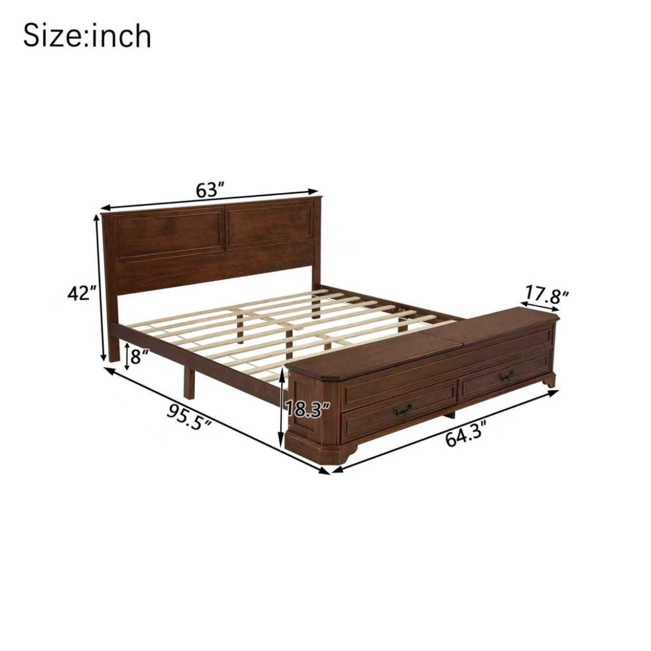 Noble House Reinaldo Queen Farmhouse Pine Bed with Integrated Bench, Storage Drawers and Flip-Top Containers, Walnut