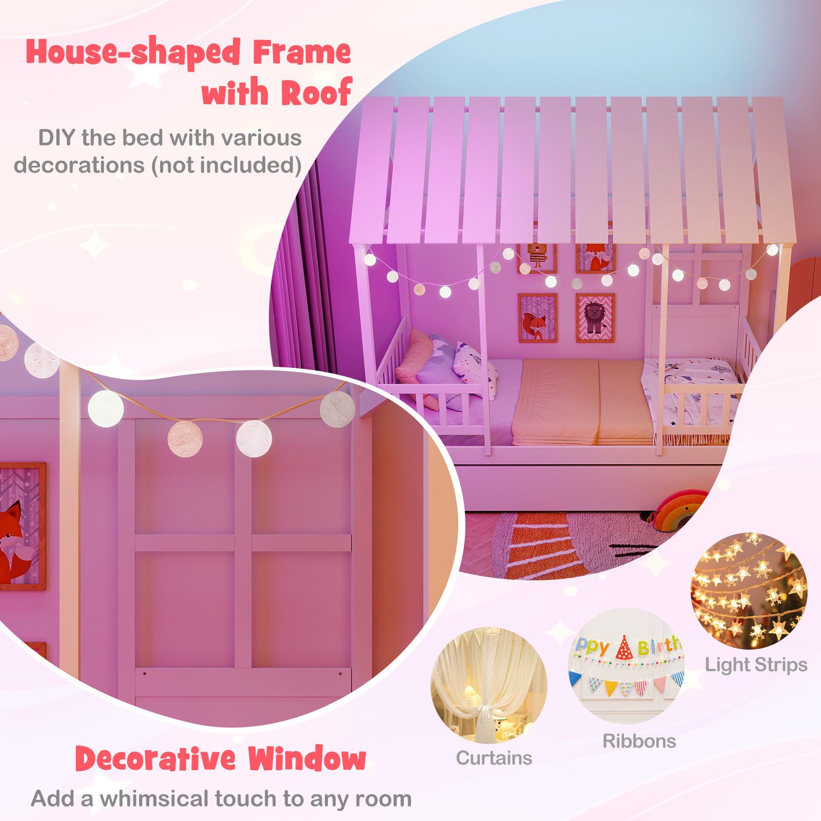Gymax Twin Size House Bed w/ Trundle Roof Window & Safety Guardrails Slats Support