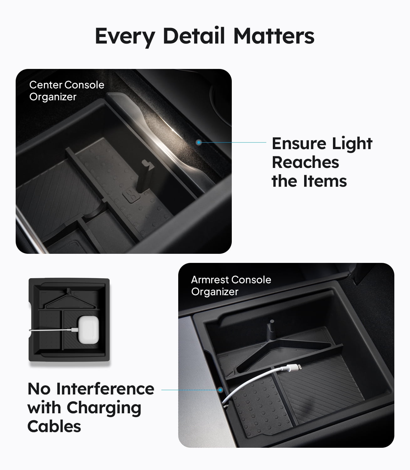 Wigoo Center Console Organizer for Tesla Model Y Juniper - Only Premium & Performance 2025 2026 & All Model 3 Highland Accessories, Double-Layer Storage, Smooth Sliding, 4PCS Black
