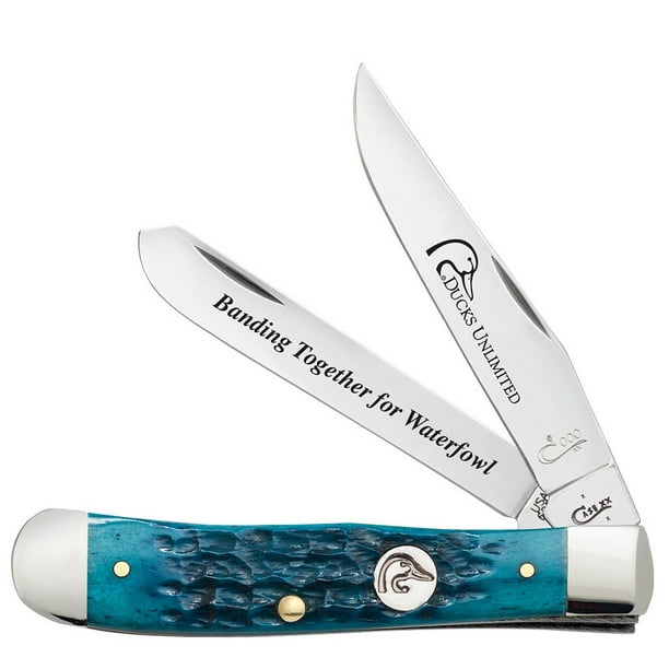 Case xx Ducks Unlimited Jigged Caribbean Blue Bone Trapper Stainless Pocket Knife Knives