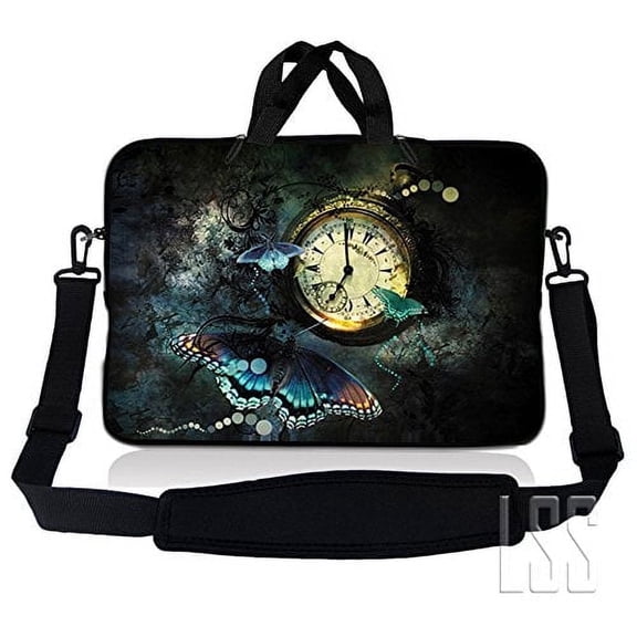 LSS 10 inch Laptop Sleeve Bag Compatible with Acer, Dell, HP, Sony, MacBook, Carrying Case w/ Handle and Strap - Clock Butterfly