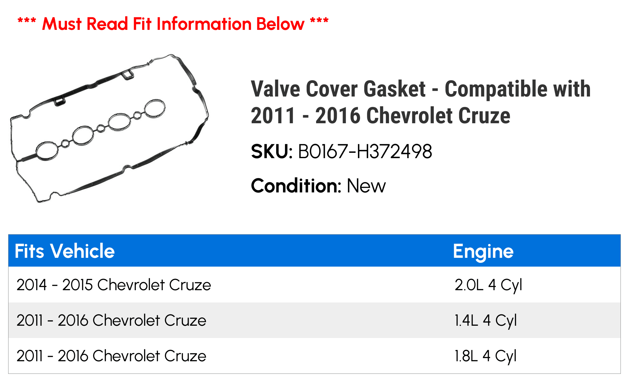 Valve Cover Gasket - Compatible with 2011 - 2016 Chevy Cruze 2012 2013 2014 2015