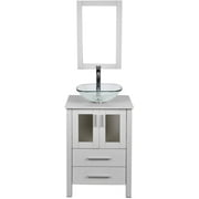 PULUOMIS 24-Inch Bathroom Vanity, Modern Stand Pedestal Cabinet, MDF Wood White Fixture with Mirror, Square Glass Sink Combo